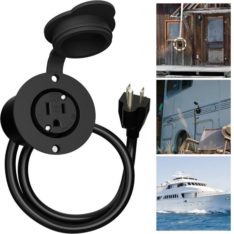 15A 125V AC Port Plug, RV Shore Power Inlet Charger Plug,12AWG Heavy-Duty RV Waterproof Shore Power Inlet Socket with 16" Extension Cord & Integrated Receptacle Box for RVs Trailers Boats (Black) - Image 3